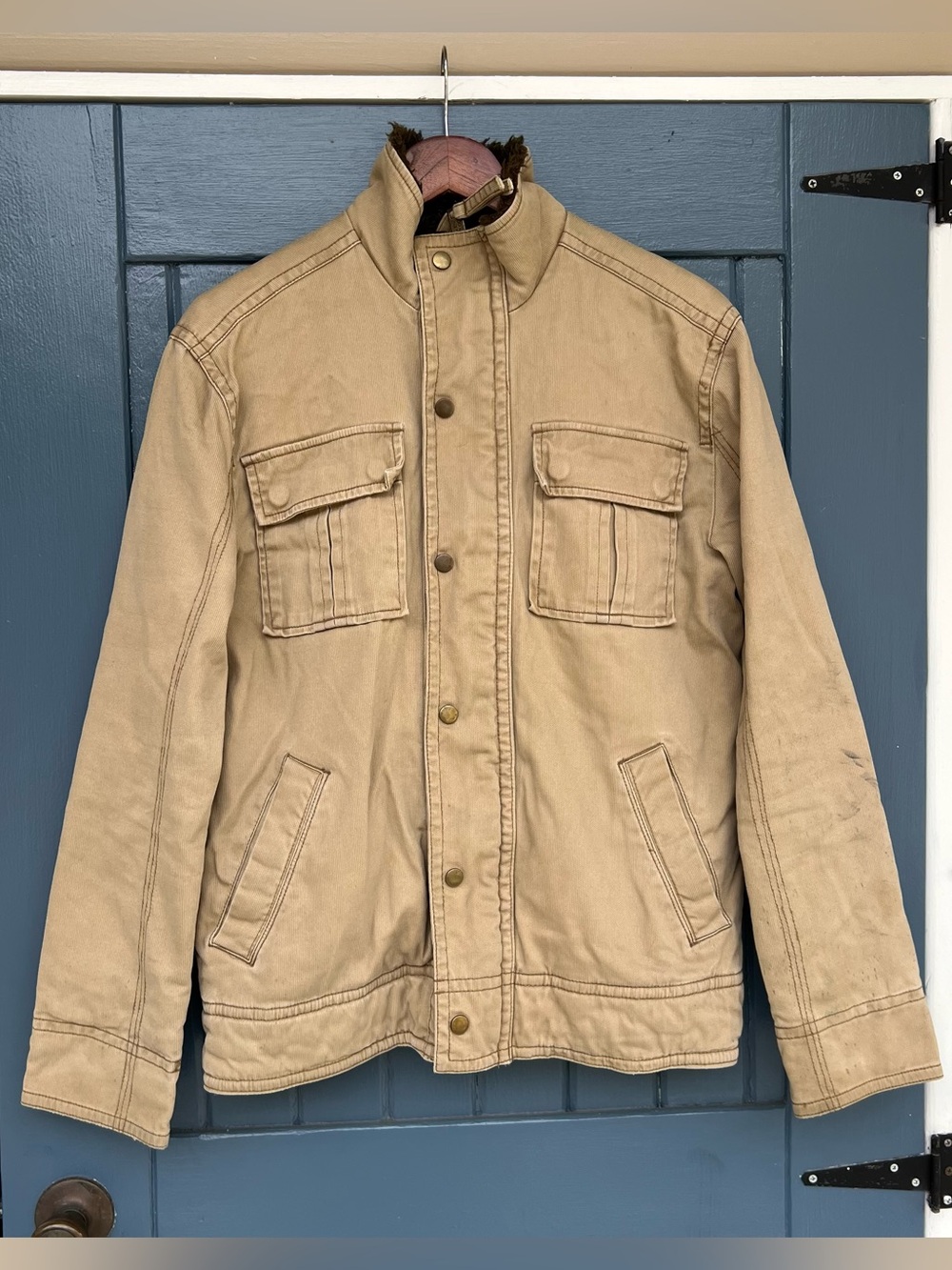Vintage Aeropostale Men's Tan Canvas Faux-Fur Lined Military Utility jacket S